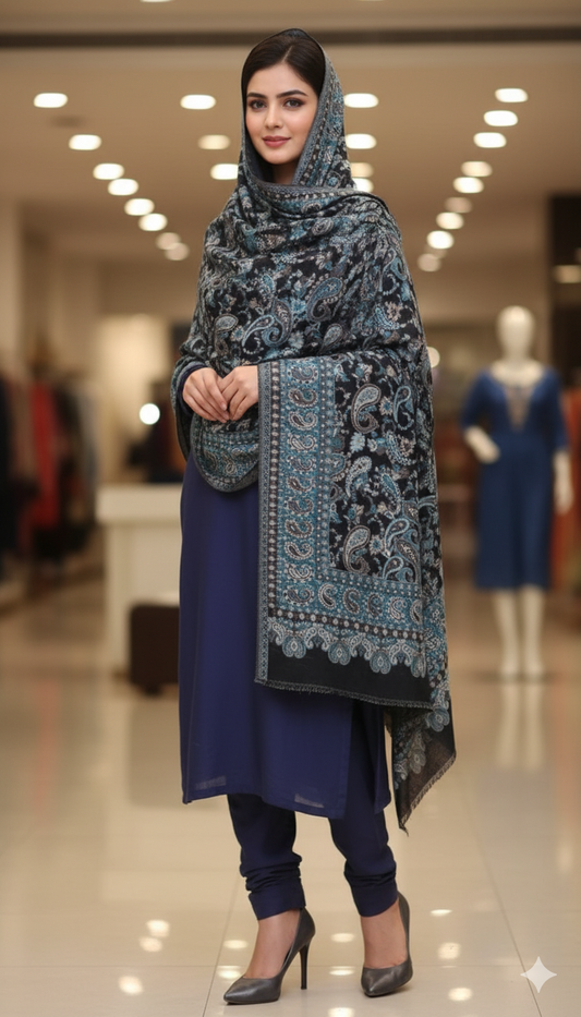 Kani Mini Shawl – Blue & Black Paisley Elegance