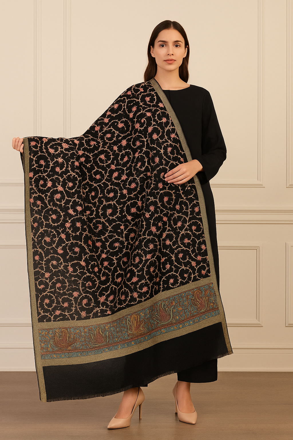 Luxury Black Pashmina Embroidered Shawl