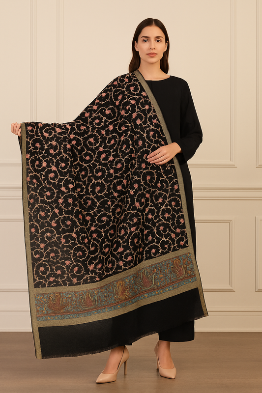 Luxury Black Pashmina Embroidered Shawl