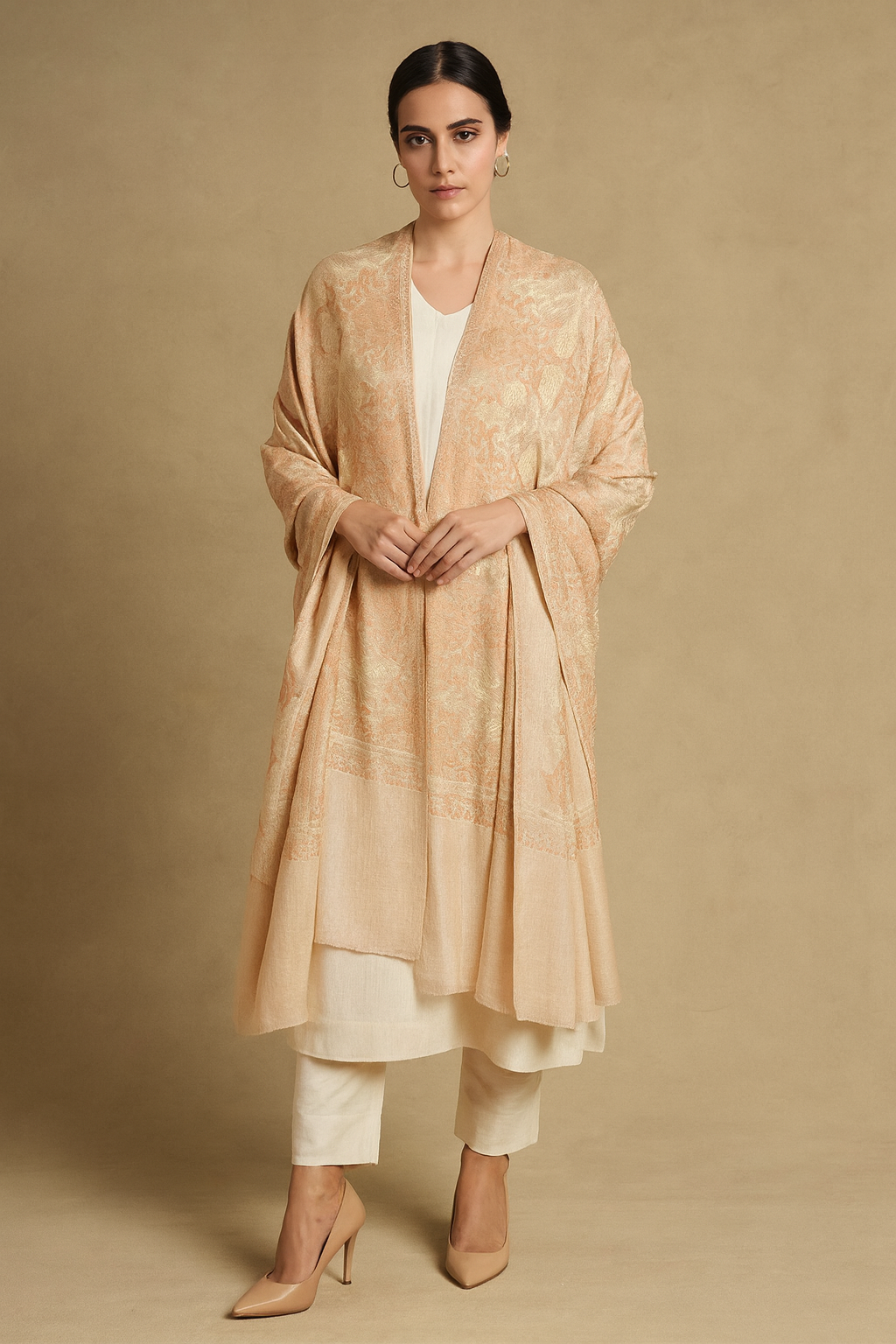 Luxury Pashmina Shawl with Aari Embroidery – Peach & Golden Elegance
