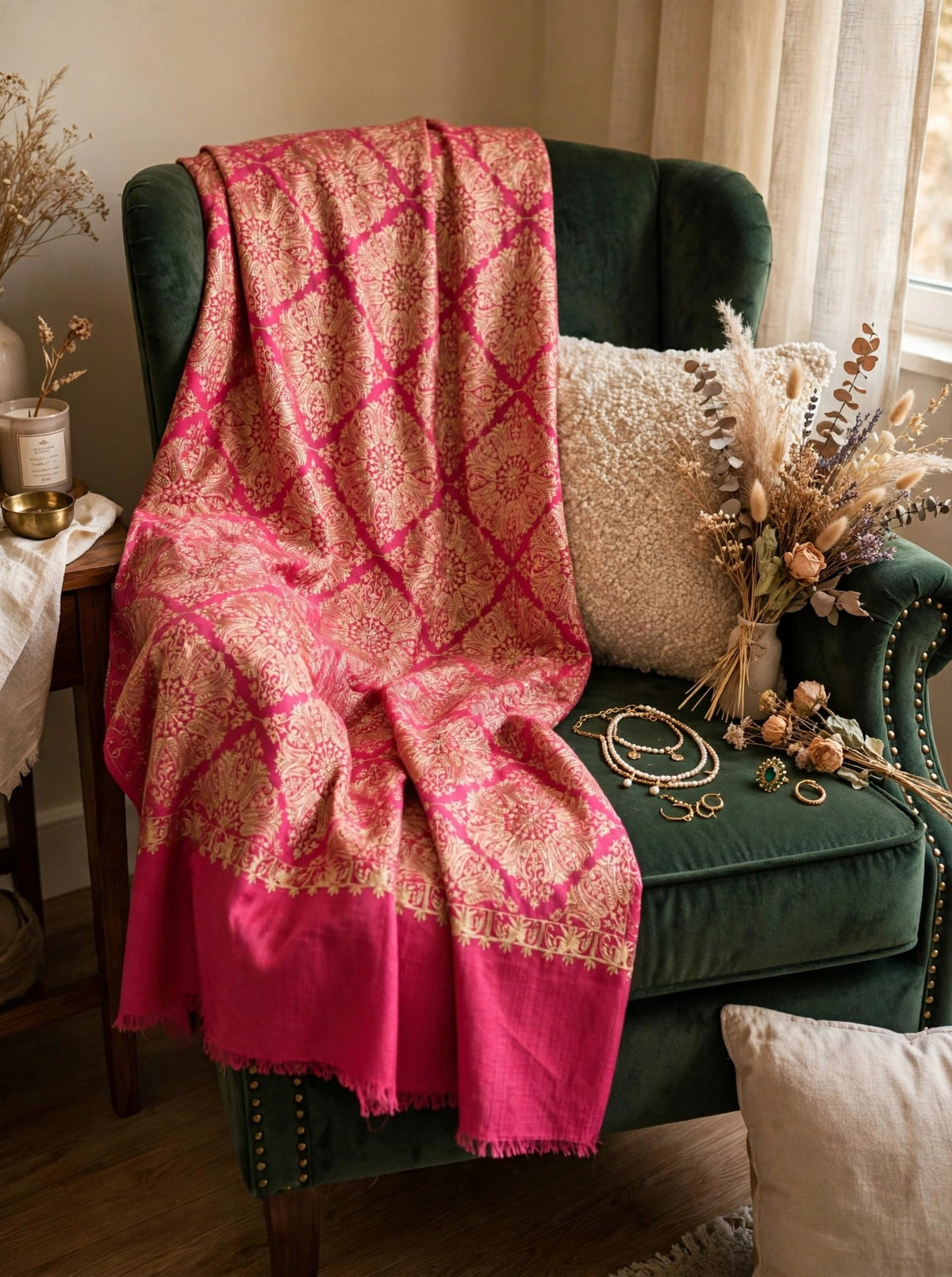 Pink Gold Diamond Jaal Pashmina Shawl - Luxury Embroidered Winter Shawl