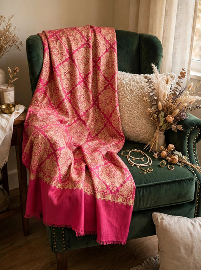 Pink Gold Diamond Jaal Pashmina Shawl - Luxury Embroidered Winter Shawl