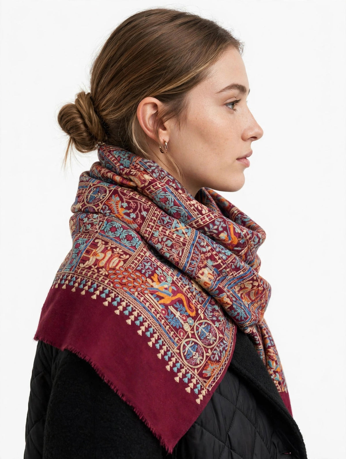 Maroon Mughal Garden Pashmina Shawl