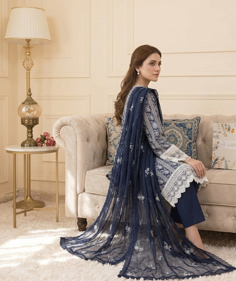 Midnight Navy Embroidered Bareeze Lawn