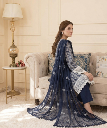 Midnight Navy Embroidered Bareeze Lawn