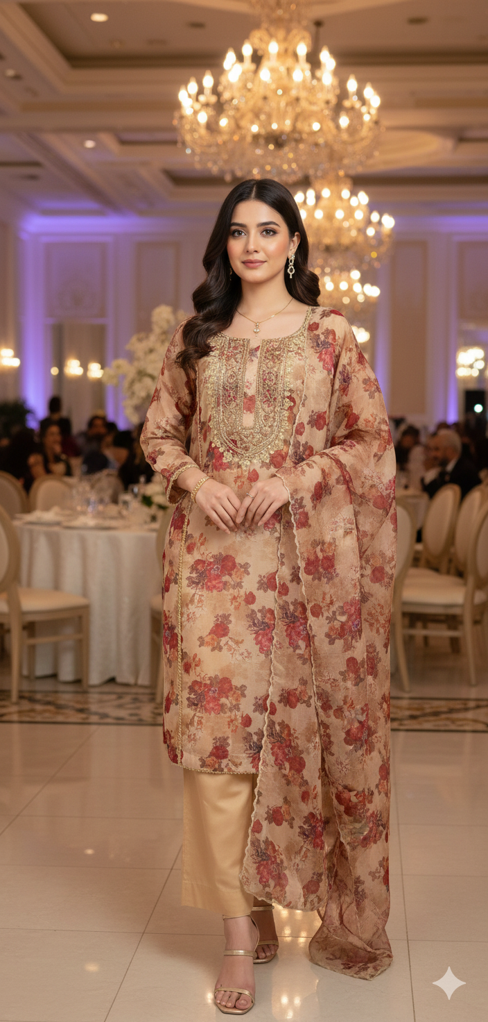 Exquisite Hand-Embroidered Organza and paper silk 3 piece suit