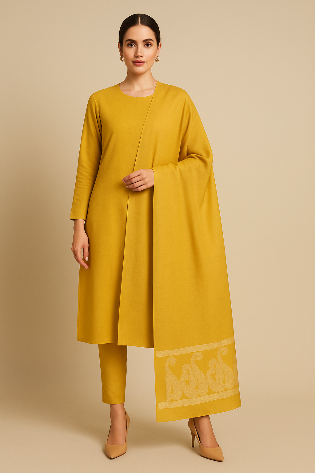 Luxury Mustard Yellow Pashmina Shawl with Jacquard Paisley Border