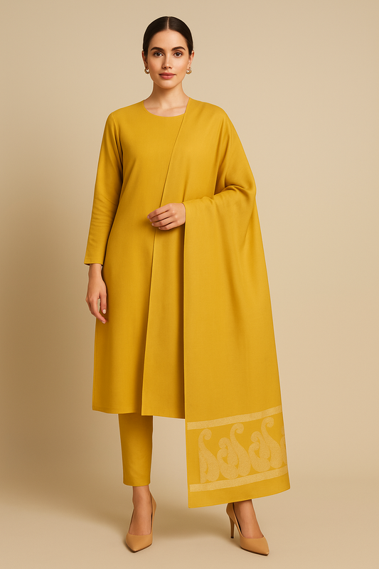 Luxury Mustard Yellow Pashmina Shawl with Jacquard Paisley Border