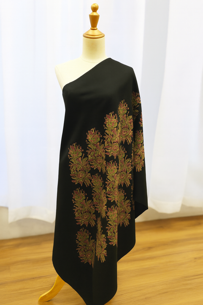 Elegant Black Pashmina Shawl with Floral Block Print Embroidery