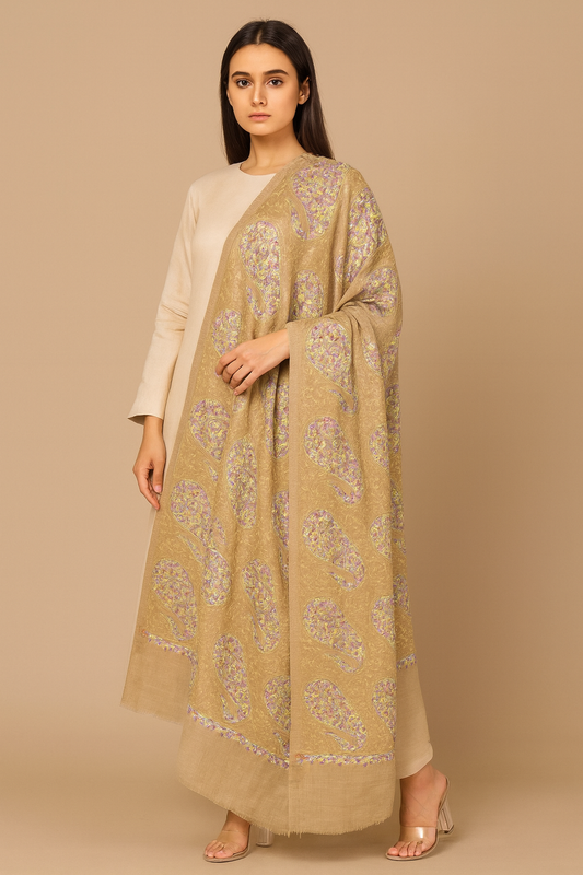 Golden Beige Pashmina Shawl with Pastel Paisley Embroidery