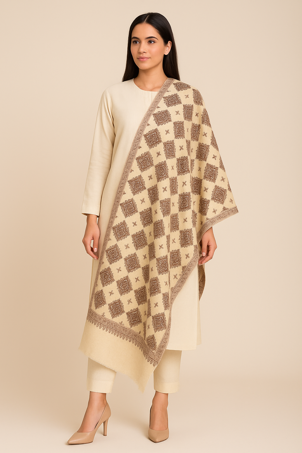 Luxury Pashmina Aari Embroidery Shawl  Beige & Brown Heritage Motif