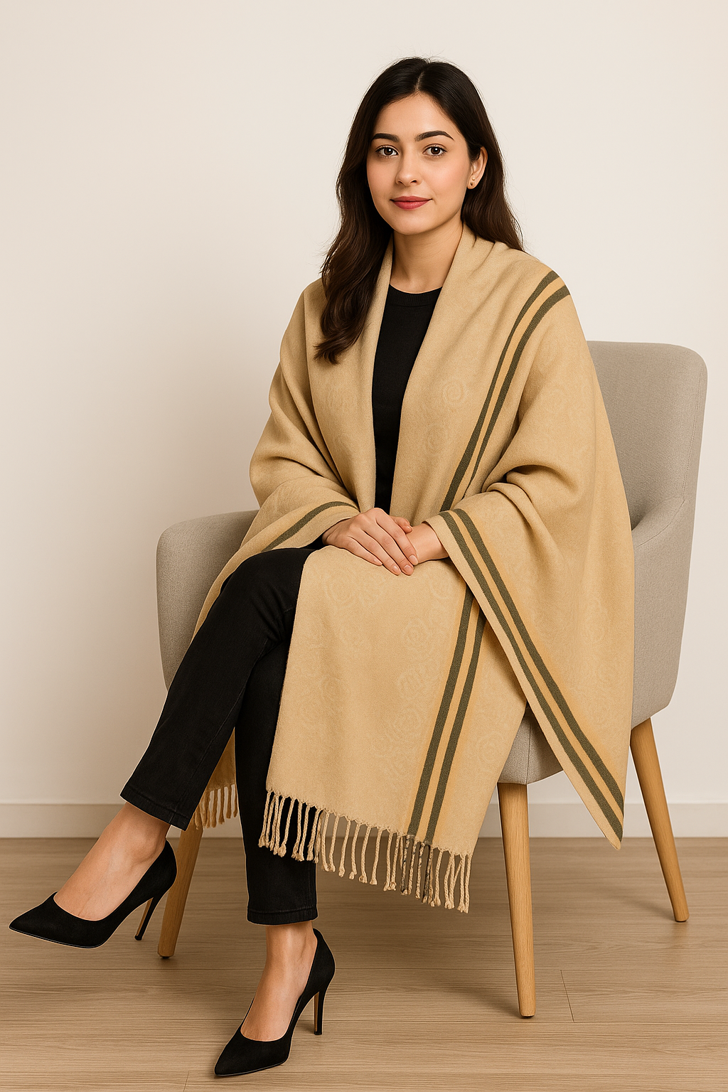 Elegant Wool Stoler with Subtle Pattern & Fringe Detailing