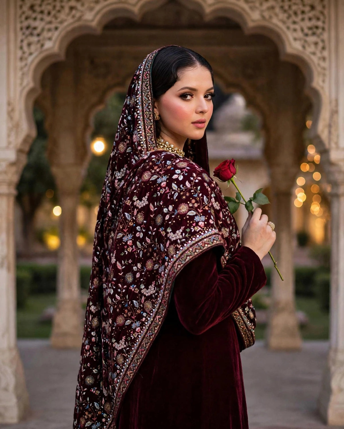 Raat Ki Rani - Burgundy Velvet Kalamkar Shawl Set