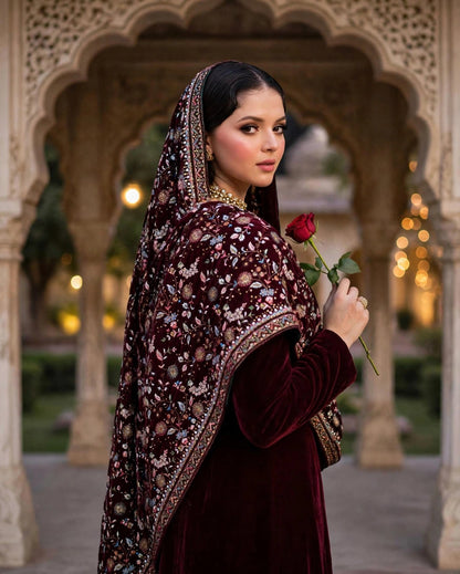 Raat Ki Rani - Burgundy Velvet Kalamkar Shawl Set