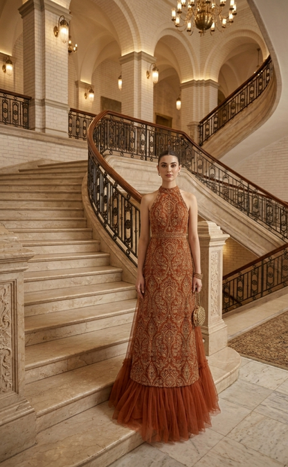 Rust Laser-Cut Applique Net Unstitched Suit