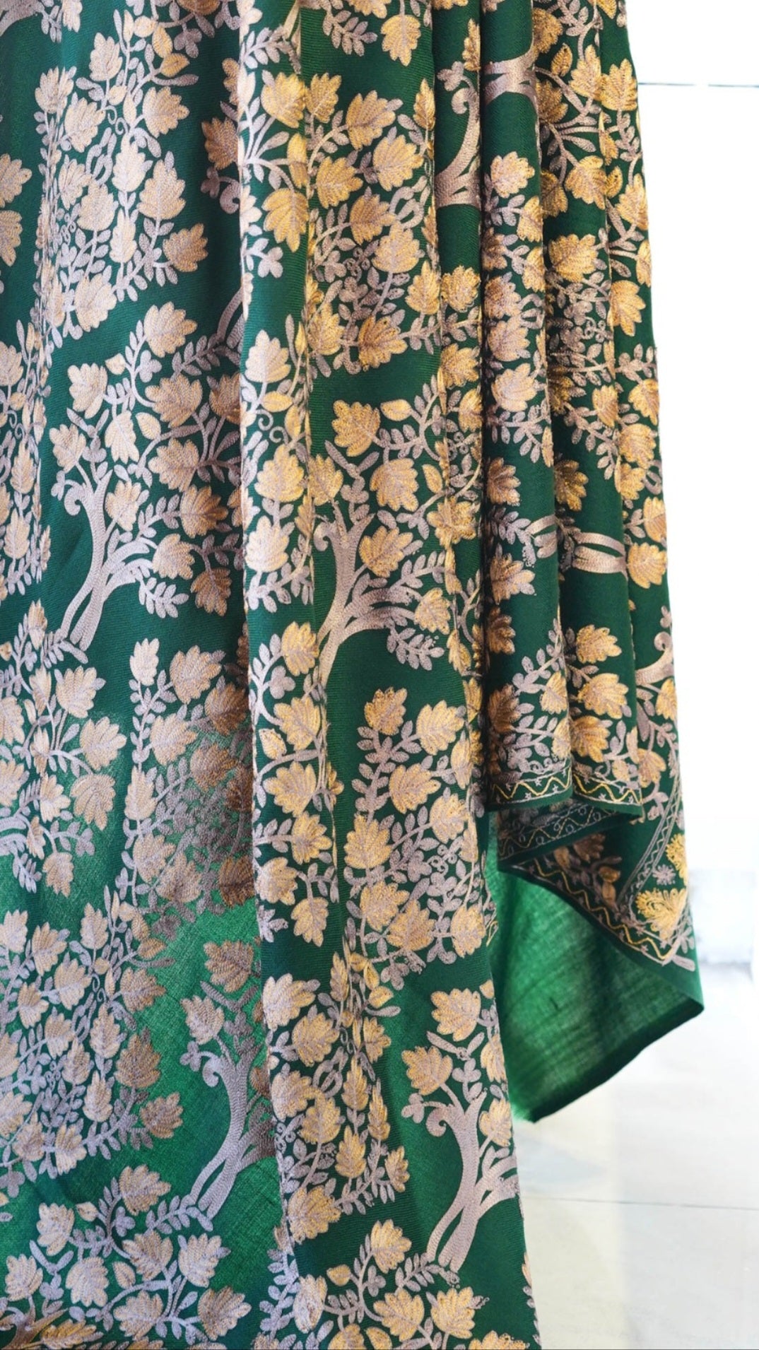 Elegant Tree Motif Embroidered Pashmina Shawl Deep Emerald Green
