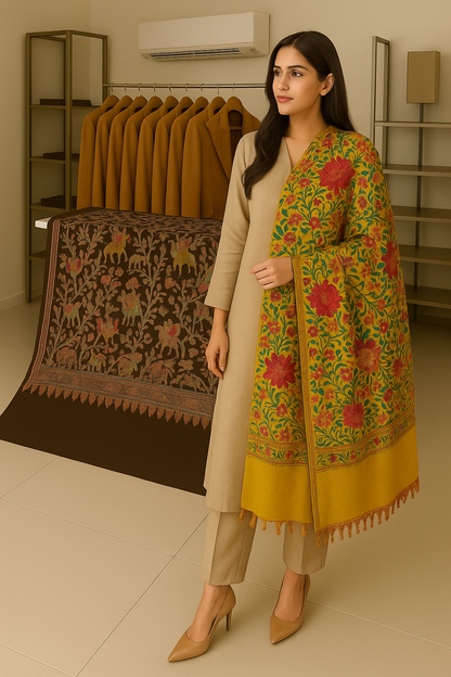 Mustard Pashmina Shawl with Aari Embroidery