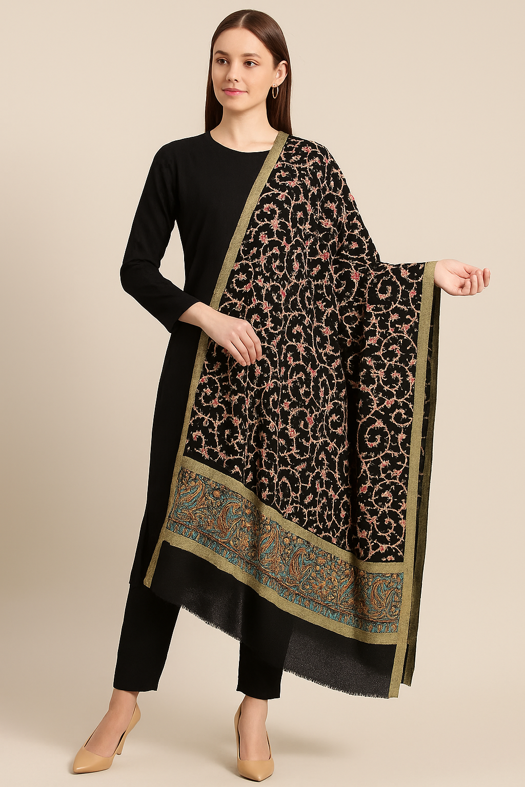 Luxury Black Pashmina Embroidered Shawl