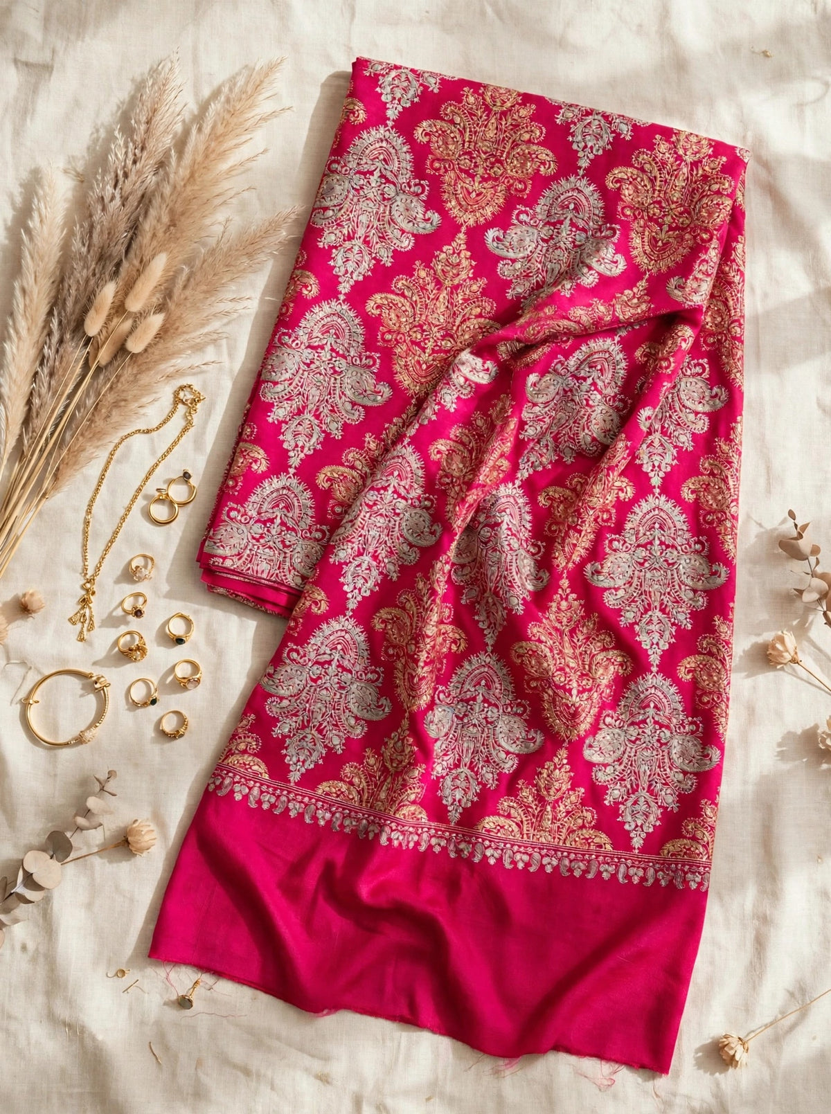 Magenta Pink with Gold & Silver Damask