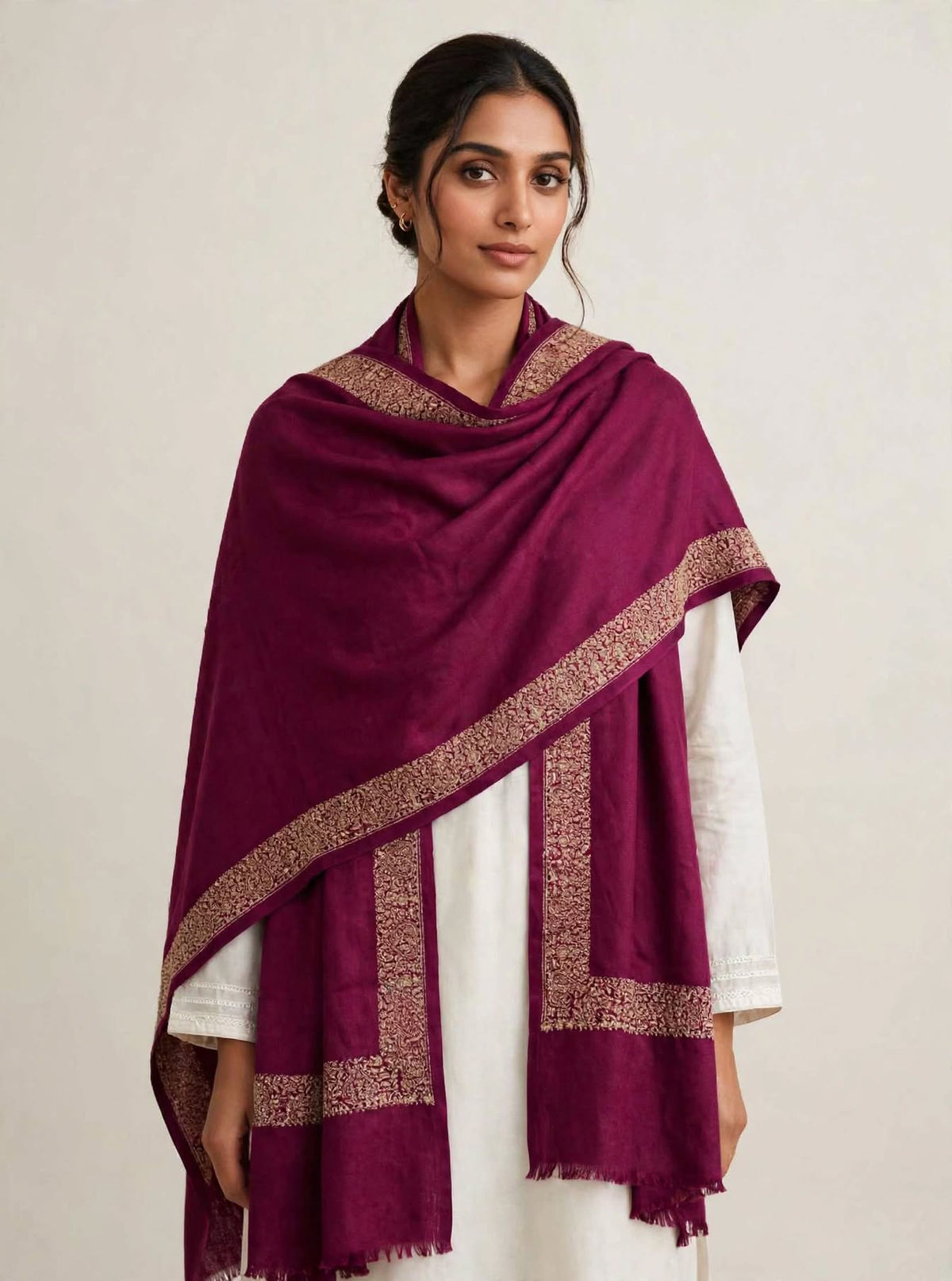 Plum Pashmina Shawl - Gold Embroidered Border - Formal Wrap
