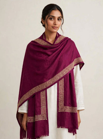 Plum Pashmina Shawl - Gold Embroidered Border - Formal Wrap