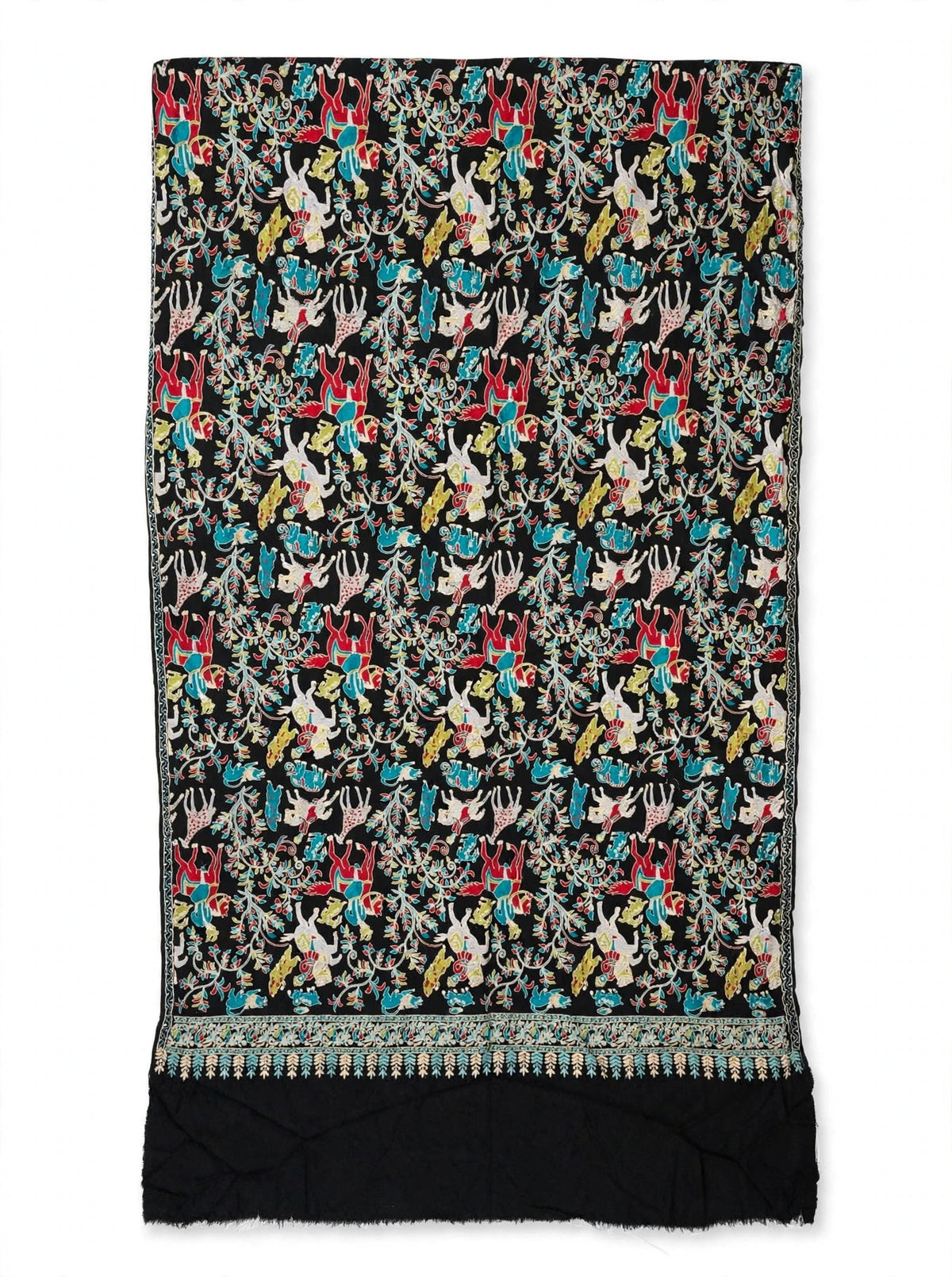 Black Shikargah Kani Pashmina Shawl  Multicolor Hunting Scene Embroidered Wool Shawl