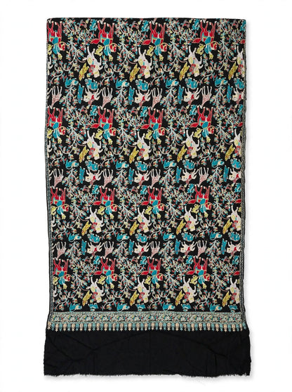 Black Shikargah Kani Pashmina Shawl  Multicolor Hunting Scene Embroidered Wool Shawl