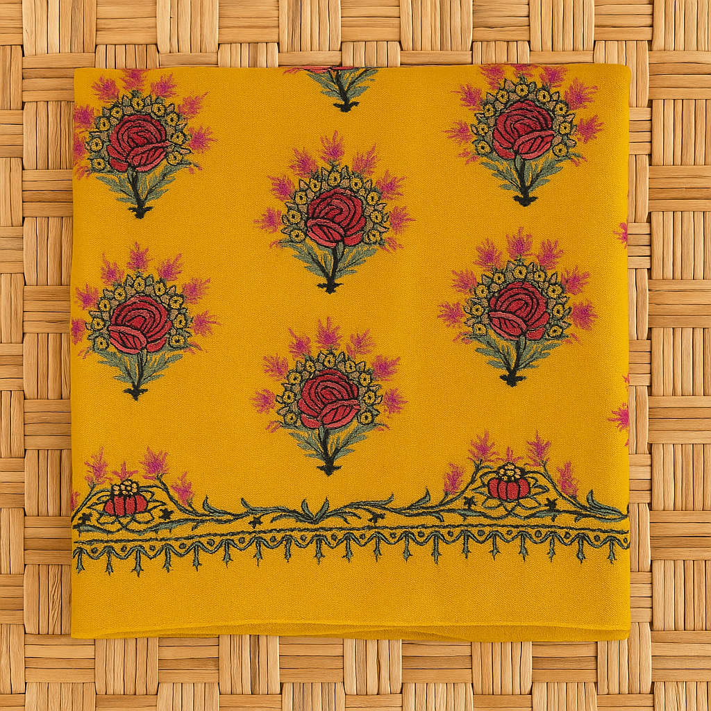 Mustard Yellow Embroidered Pashmina Shawl – Floral Grandeur