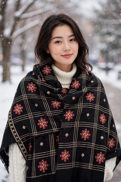 Noir Heritage - Black Embroidered Check Shawl with Red Motif
