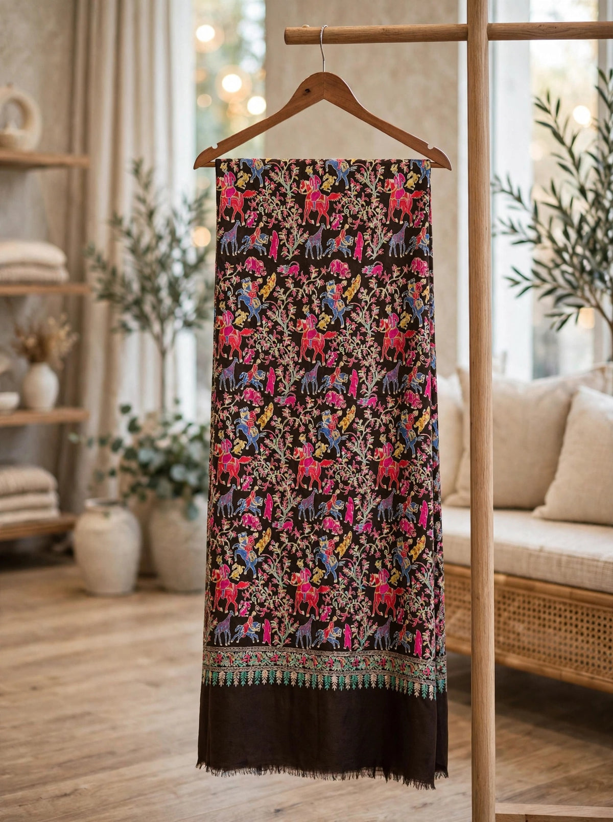 Brown Pashmina Shikargah Shawl with Multicolor Nalki Embroidery - Royal Hunt