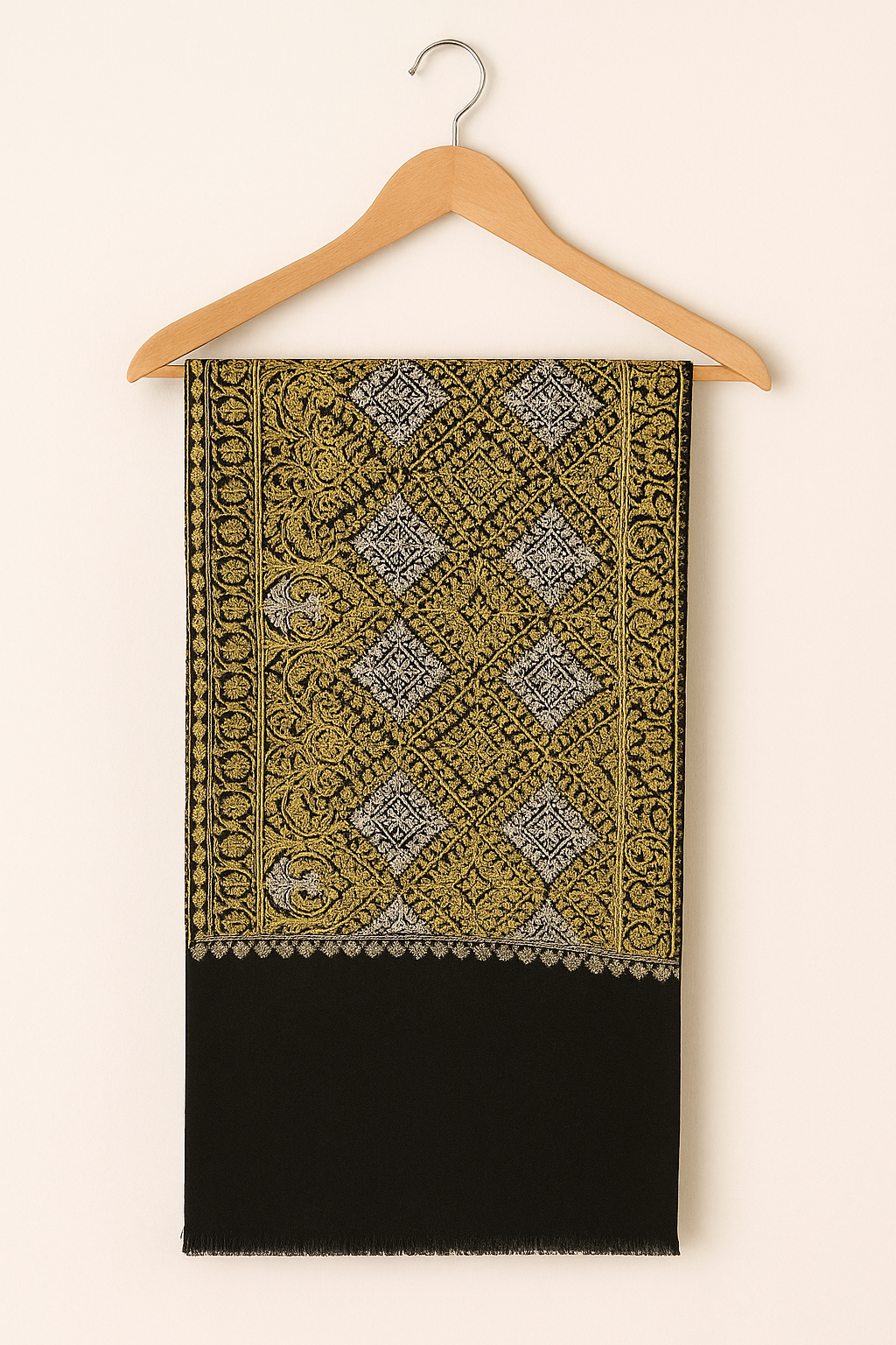 Aari Embroidery Pashmina Shawl – Black & Gold Grandeur