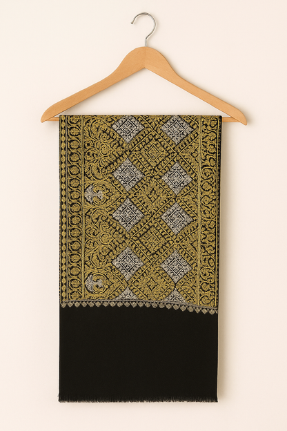 Aari Embroidery Pashmina Shawl – Black & Gold Grandeur