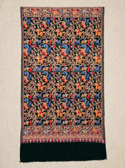 Bottle Green Shikargah Pashmina Shawl | Pure Pashmina Nalki Embroidery | Luxury Wrap
