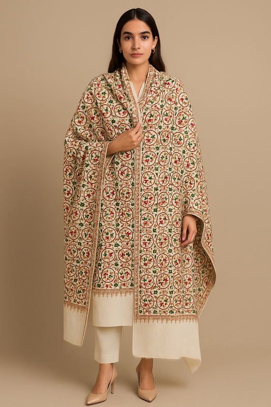 Embroidered Pashmina Shawl Ivory Base with Multicolor Floral Motif