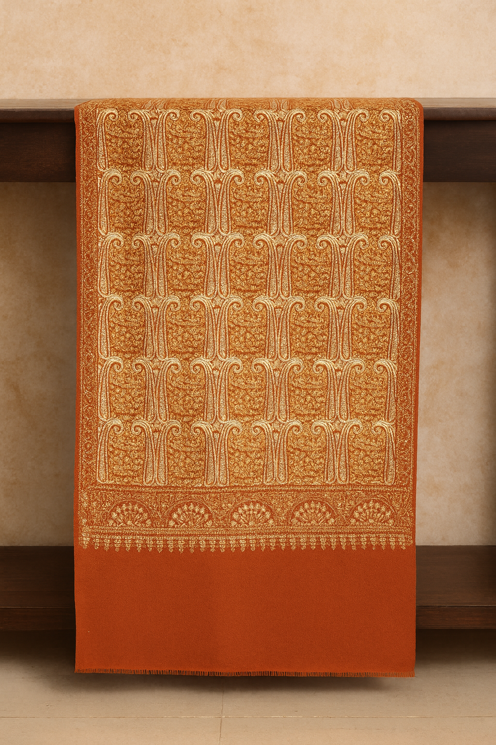 Rust Orange Pashmina Shawl with Intricate Golden Aari Work