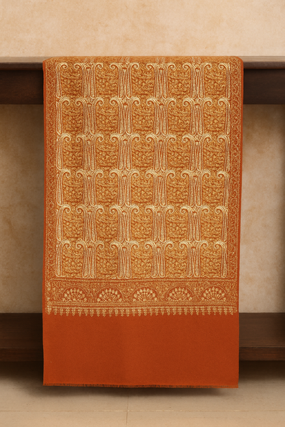 Rust Orange Pashmina Shawl with Intricate Golden Aari Work