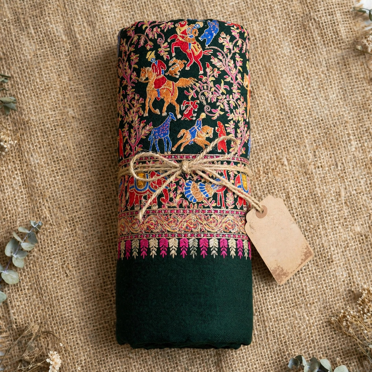 Bottle Green Shikargah Pashmina Shawl | Pure Pashmina Nalki Embroidery | Luxury Wrap