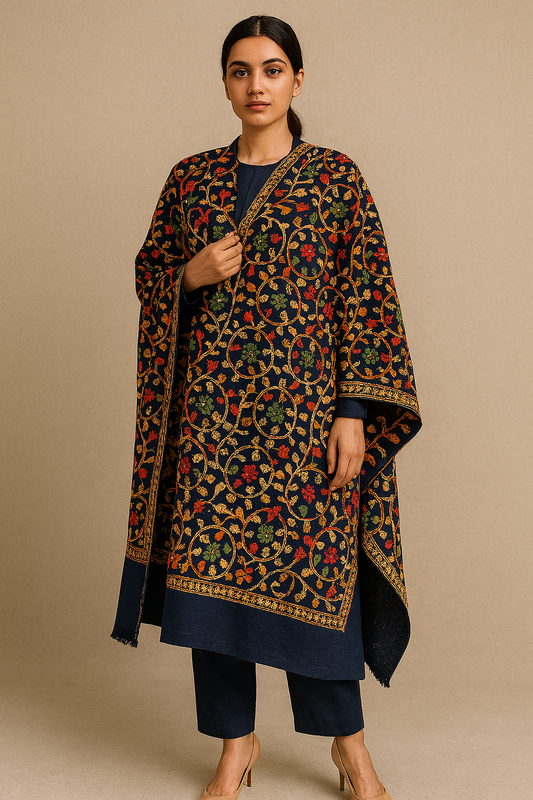 Navy Blue Pashmina Shawl with Multicolor Aari Embroidery