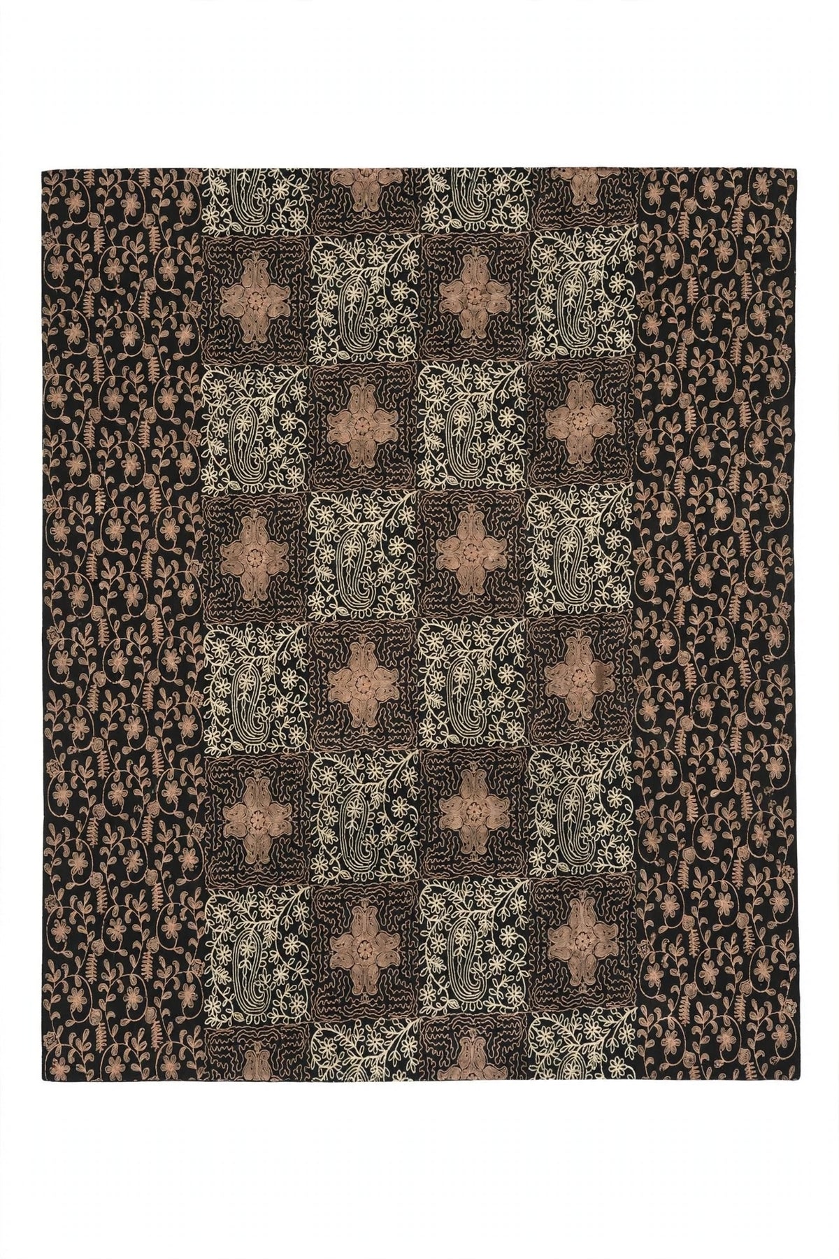 Noir Heritage Black Cashmere Pashmina Shawl with Cream & Beige Aari Work
