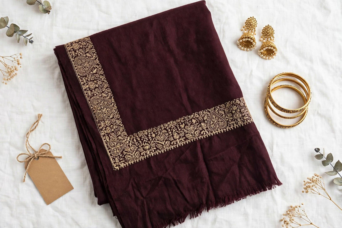 Plum Embroidered Pashmina Shawl - Gold Zari Paisley Border - Soft Wool Winter Shawl