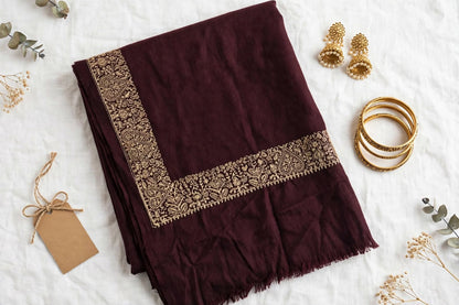 Plum Embroidered Pashmina Shawl - Gold Zari Paisley Border - Soft Wool Winter Shawl