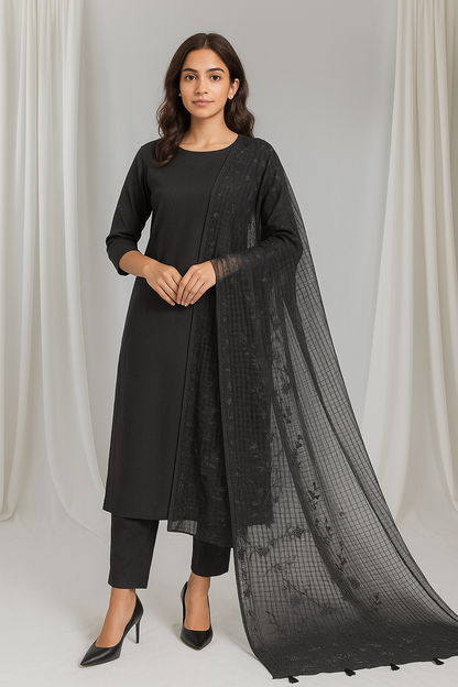 “Blackish Grey Lawn Dupatta with Stone & Thread Embroidery”