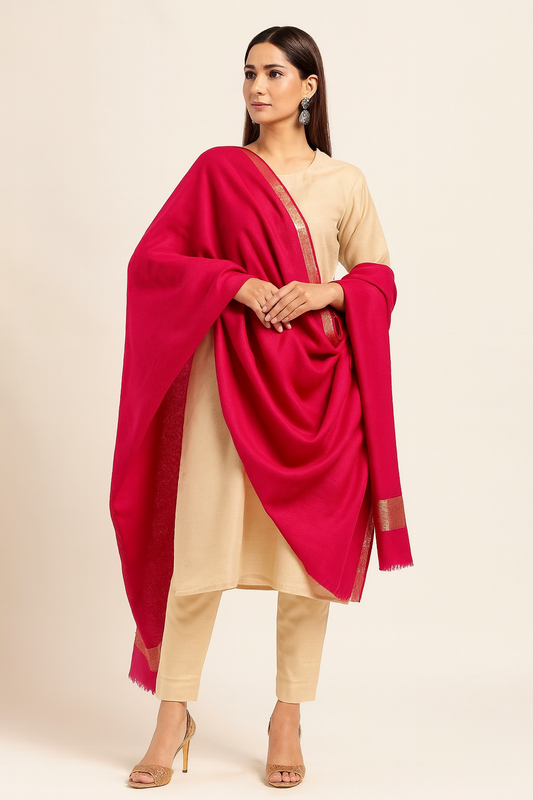 Zari Border Pashmina Shawl  Magenta Elegance