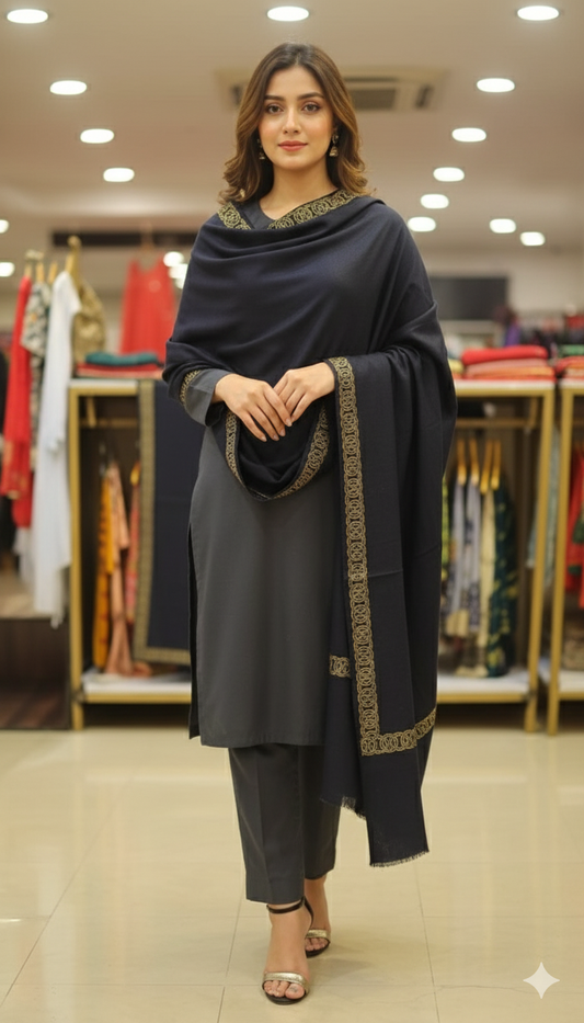 Midnight Blue Pashmina Shawl with Antique Golden Border