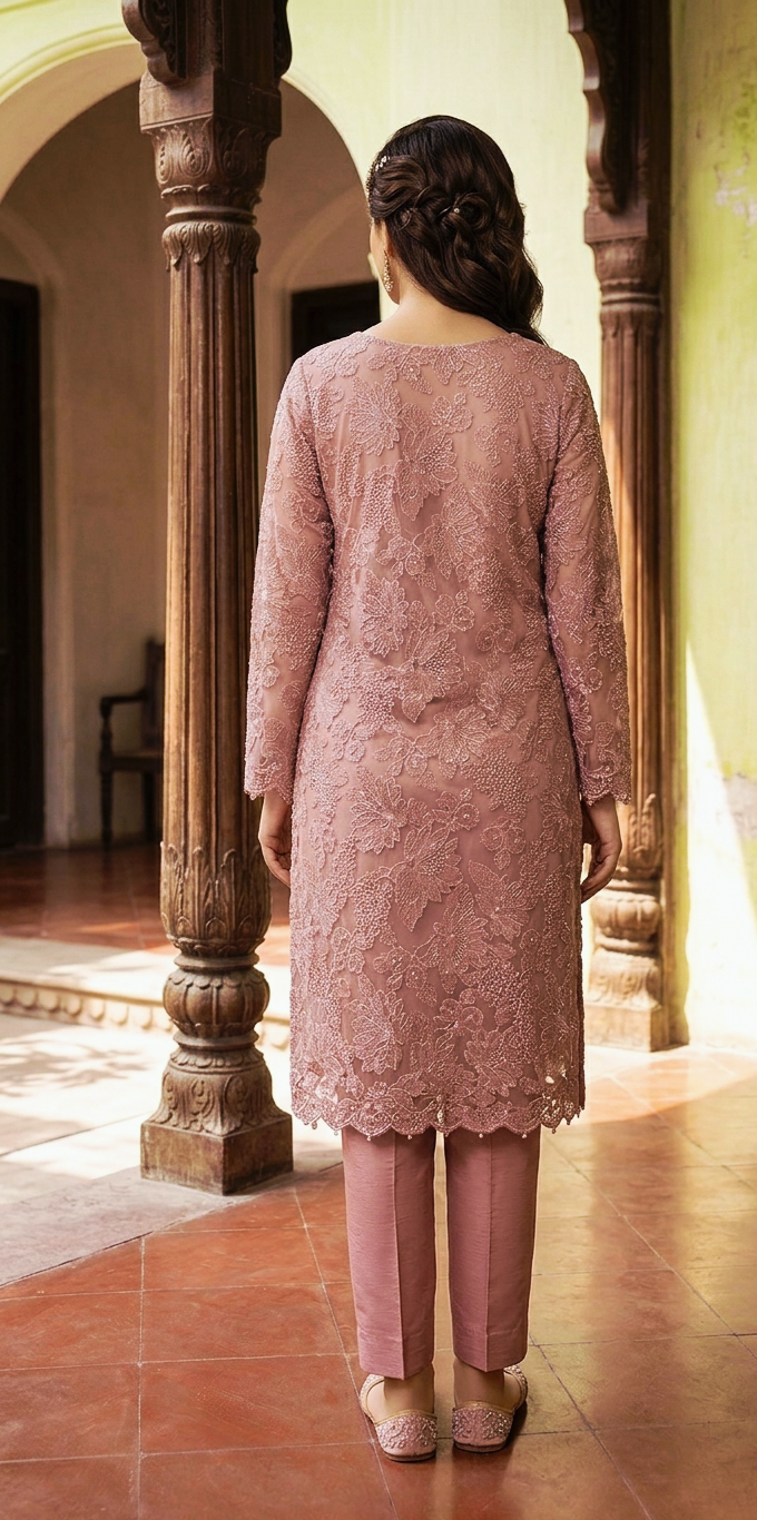 Ethereal Rose: Intricate Laser-Cut & Appliqué Embroidered Organza Ensemble