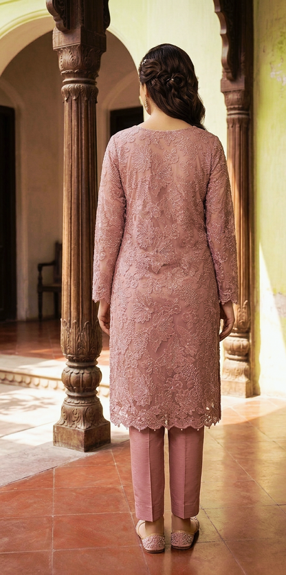Ethereal Rose: Intricate Laser-Cut & Appliqué Embroidered Organza Ensemble