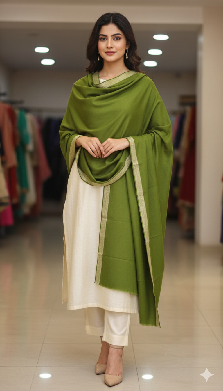 Olive Green Zari Border Pashmina Shawl