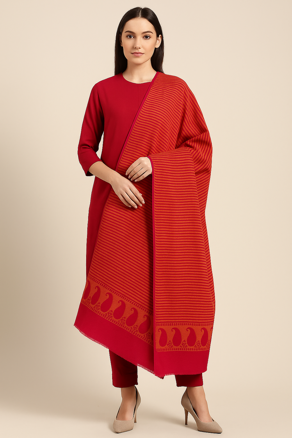 Red Pashmina Printed Shawl with Stripes & Paisley Border