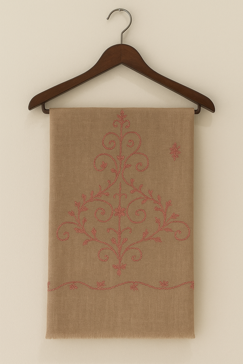 Handcrafted Needle Embroidered Pashmina Shawl – Beige with Red Motifs