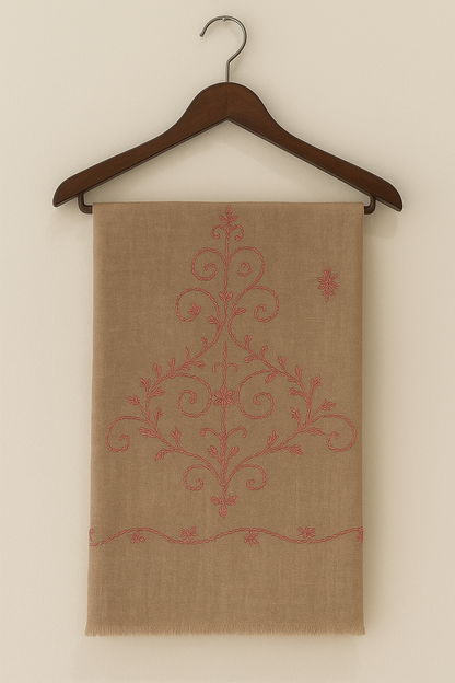 Handcrafted Needle Embroidered Pashmina Shawl – Beige with Red Motifs